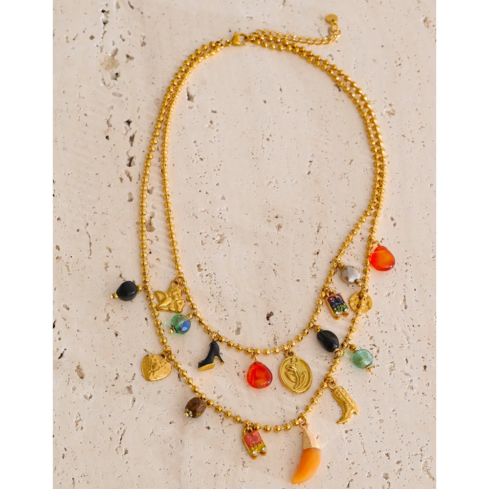 Yhpup Acrylic Heart Necklace Double-Layer Chain Jewelry