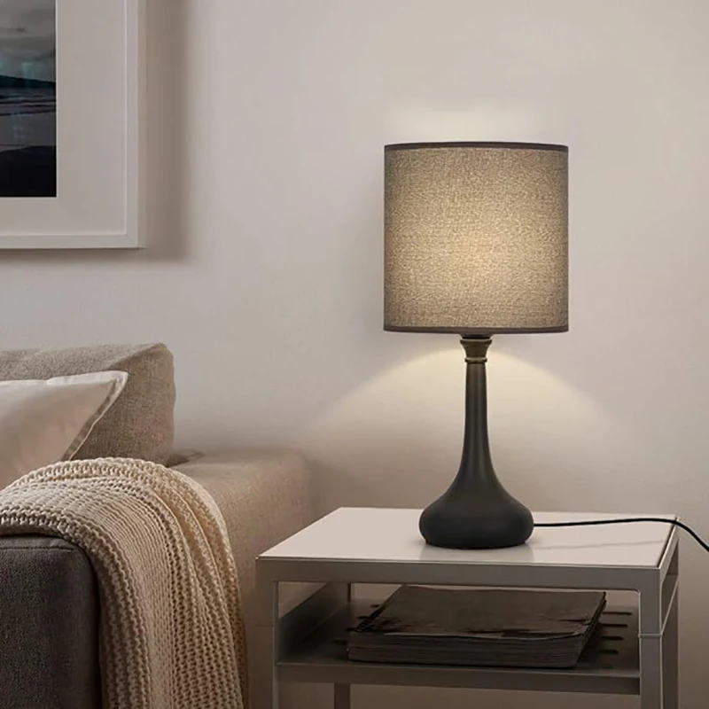 Bedside Nightstand Table Lamps, Modern Black Metal Base with Grey Linen Lampshade Desk Lamp, Small Lamp Set of 2 for Living Room 2