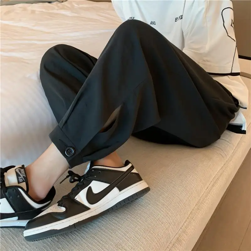 Spring Summer Fashion All Match High Waist Loose Men's Clothing Solid Color Tie Feet Slimming Pockets Solid Cotton Casual Pants