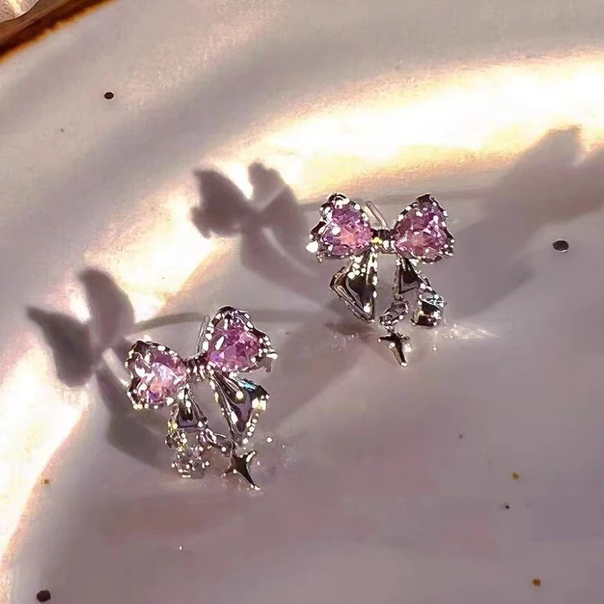 stud earrings Y2K Bowknot Zircon Women Korean Pink Crystal Personality Party Jewelry Gifts