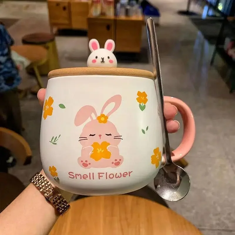 

Ceramic Cups of Coffee Office Water Cup Kawaii Mug Beer Female Rabbit Mug With Lid Spoon as a Gift for Girls Drinkware Cute Mugs