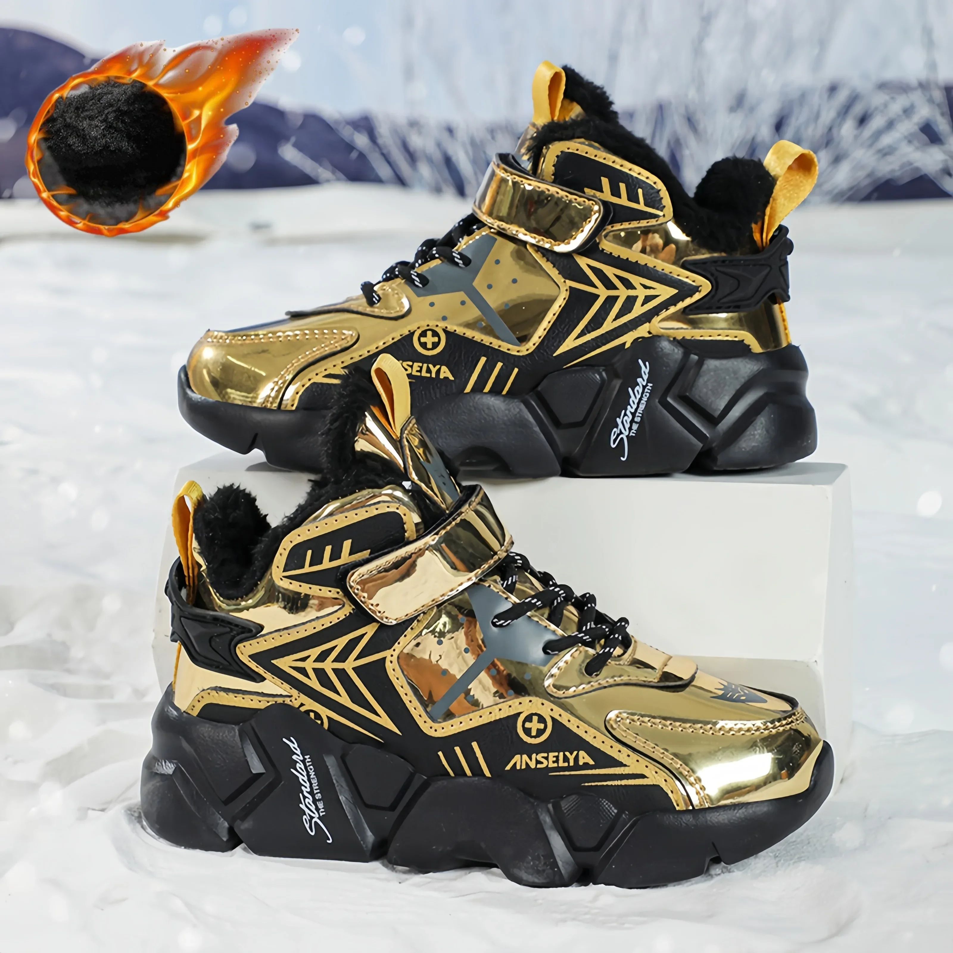 شتاء جديد أحذية الأطفال أحذية رياضية جلدية طالب الثاني القطن + كبير القطن العملي في الهواء الطلق أحذية كرة السلة للأولاد