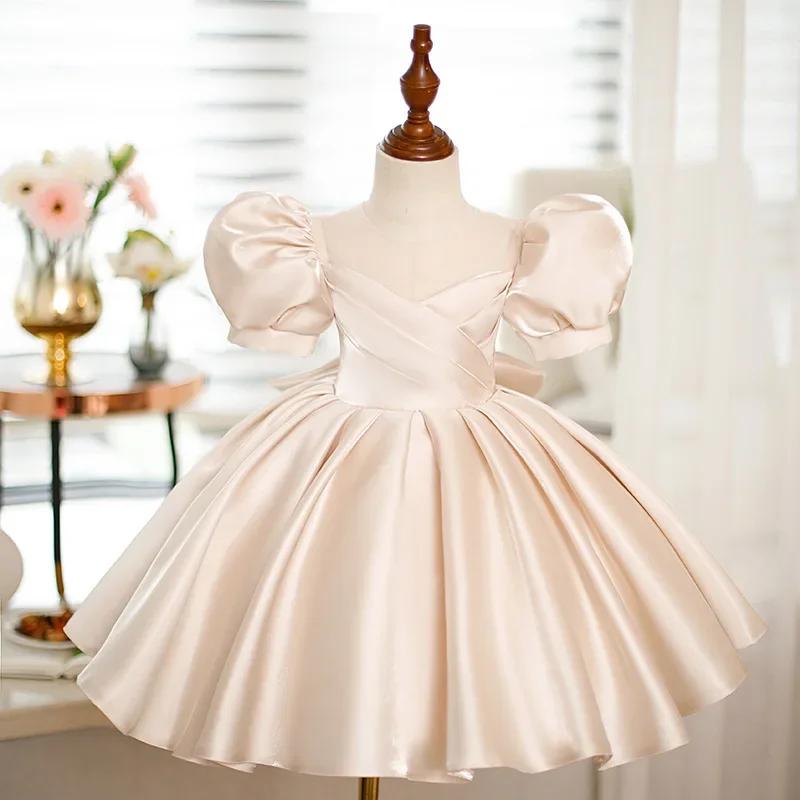 

High-End Children's Baptism Princess Evening Gown Bow Puff Sleeve Design Wedding Birthday Party Girls Dresses For Eid A2701