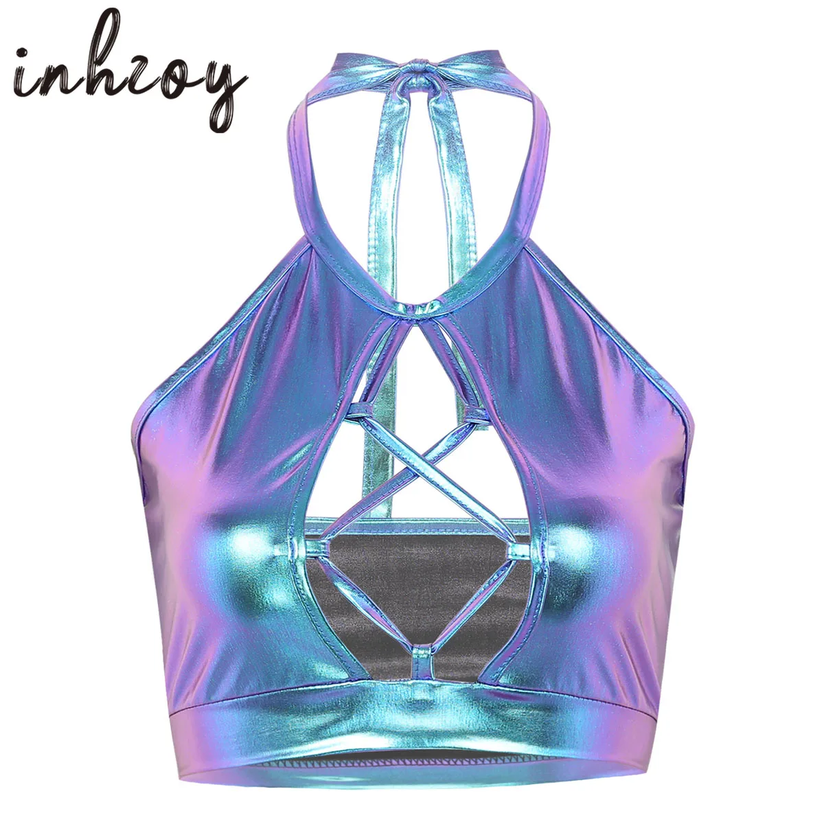 

Womens Holographic Shiny Metallic Tank Top Sexy Wetlook Halter Neck Hollow out Crop Cami Vest Tops Pole Dance Raves Clubwear