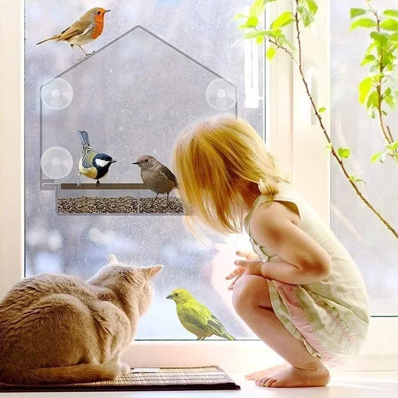 Popular Bird Feeder Transparent Food Dispenser House Outdoor Window Birdfeeder Water for Finches Chickadees