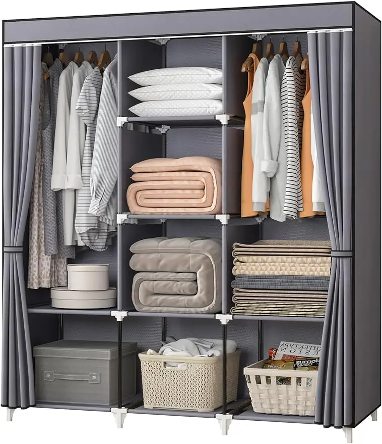 

Portable closet, 51-inch closet, with 2 hanging rods, 8 bedroom storage tissue racks, durable, easy to assemble, gray