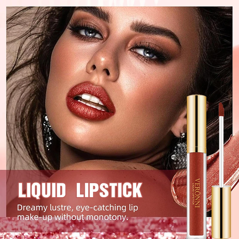 Flüssiger Lippenstift mit Glitzereffekt, schimmernder, glänzender Lipgloss, perlmuttartiger Lippenton, wasserfest, langanhaltend, matt, Diamant-Lippenglasur_voghion.com