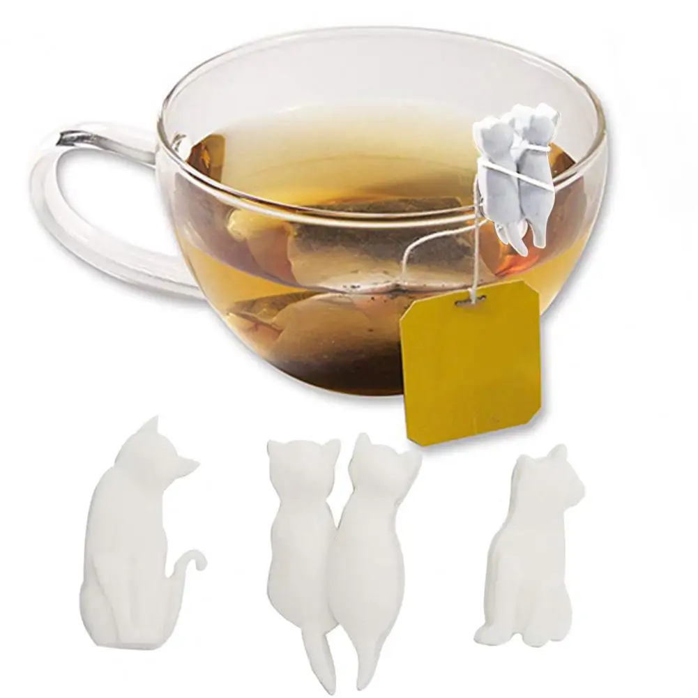 6Pcs silicone tea bag holder food bag clips Tea Bag Clips Food Grade Heat-Resistant Reusable Silicone Cartoon Cat-Shaped Tea Bag Holders Drink Markers