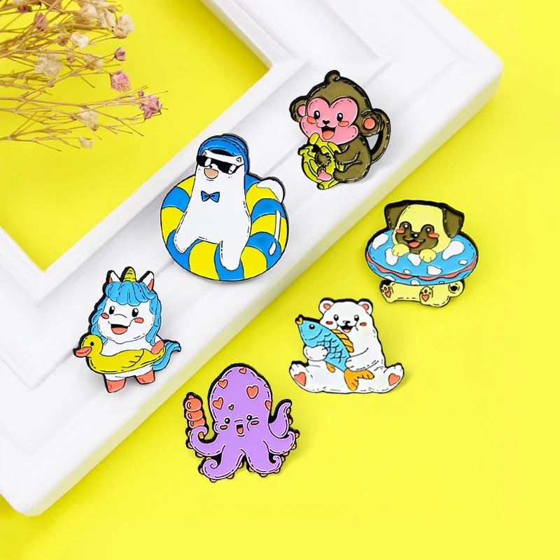 

Cartoon Animal Enamel Pins Octopus Monkey Polar bear Unicorn Pug Dog Brooches Enamel Lapel Pin Shirt Bag Badge Gift Friends