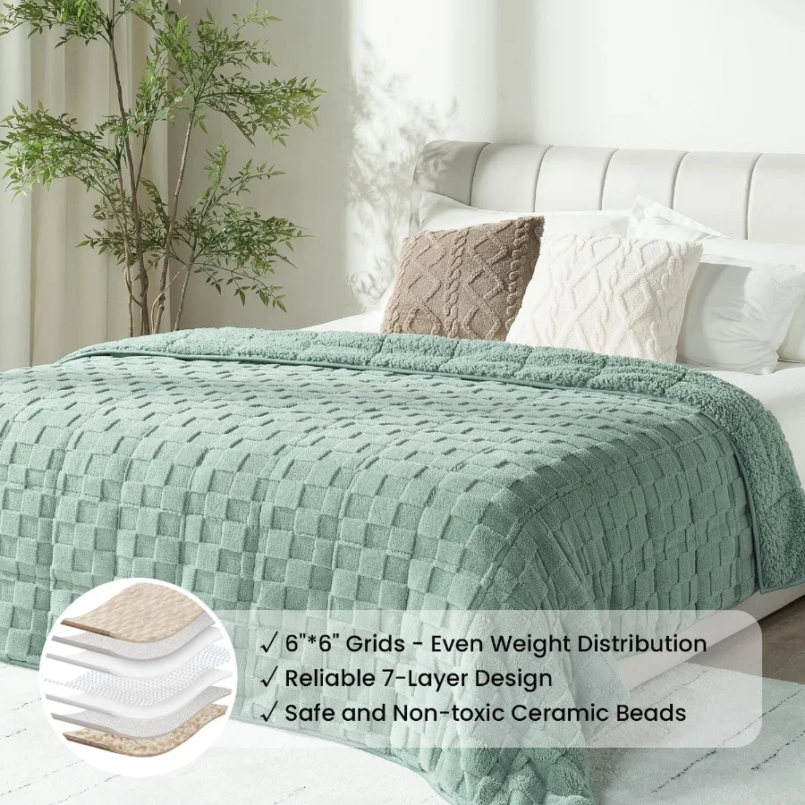 Cozy Fluffy Jacquard Checkered Sherpa Weighted Blanket for Adults 20lbs Queen Size 60 x 80 inches Ideal for Couch or Bed Use in