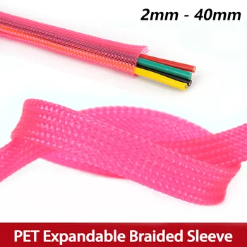 สีชมพู 2 มม. - 40 มม. ฉนวนกันความร้อน PET ขยายถักความหนาแน่นสูง Wire Wrap ฝาครอบไนลอน Sheath ป้องกันสายเคเบิล DIY 1