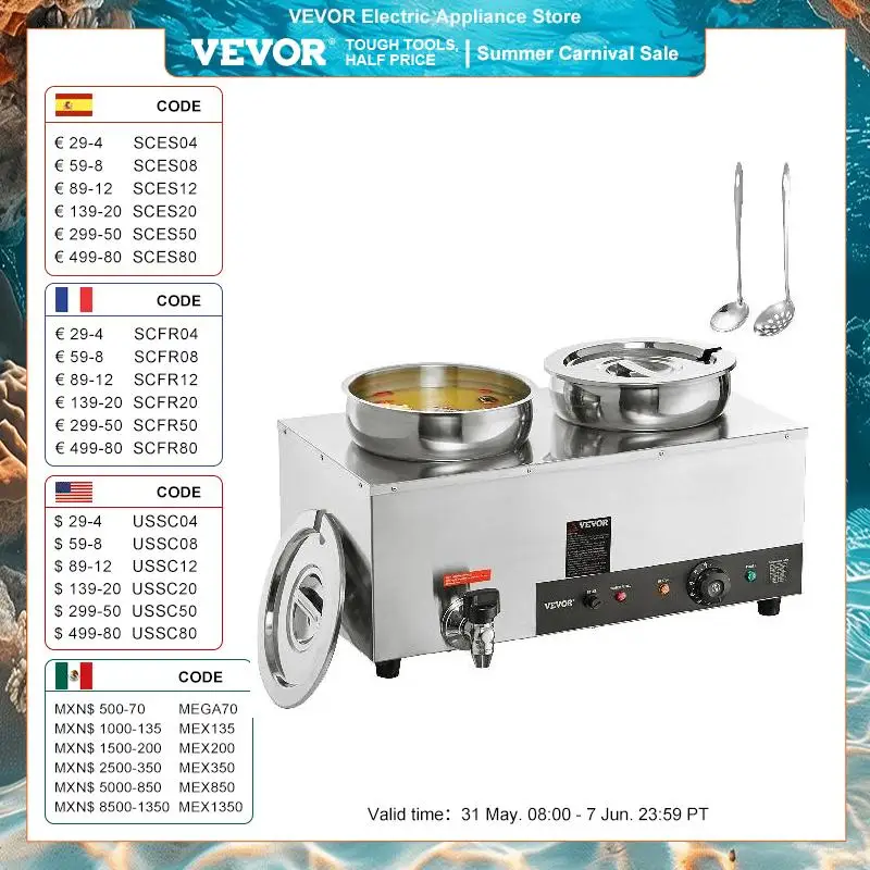 VEVOR Scaldavivande 2 Ciotole in Acciaio Inox Commerciale Elettrico 1200W Capienza Totale 14L ca. per Minestre Zuppe Ragù, Contenitore Scaldavivande per Catering Evento Esterno Festa BBQ da Giardino