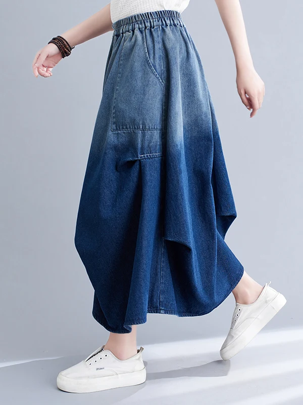 aduated Color Denim A-Line Skirt Women's Summer Elastic Waist Loose Pleated Long Skirts for plus Size Hide Hip Slimming