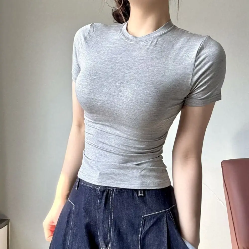 Thin Pullover Short Sleeve T-shirt Korean Style Chic Y2K Crop Top Women Slim Fit Streetwear Basic Tees Shirts Girls