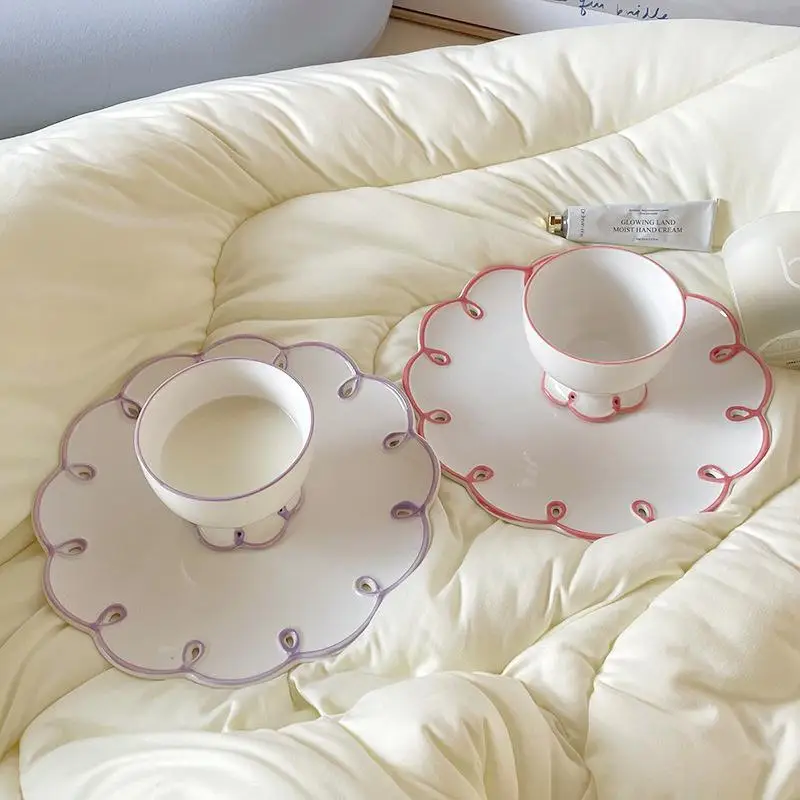 250ml Ceramics Flower Edge Shape Cup Dish Set Hollow Ceramic Plate French Vintage Cute Girl Home Breakfast Dessert Cake Plate