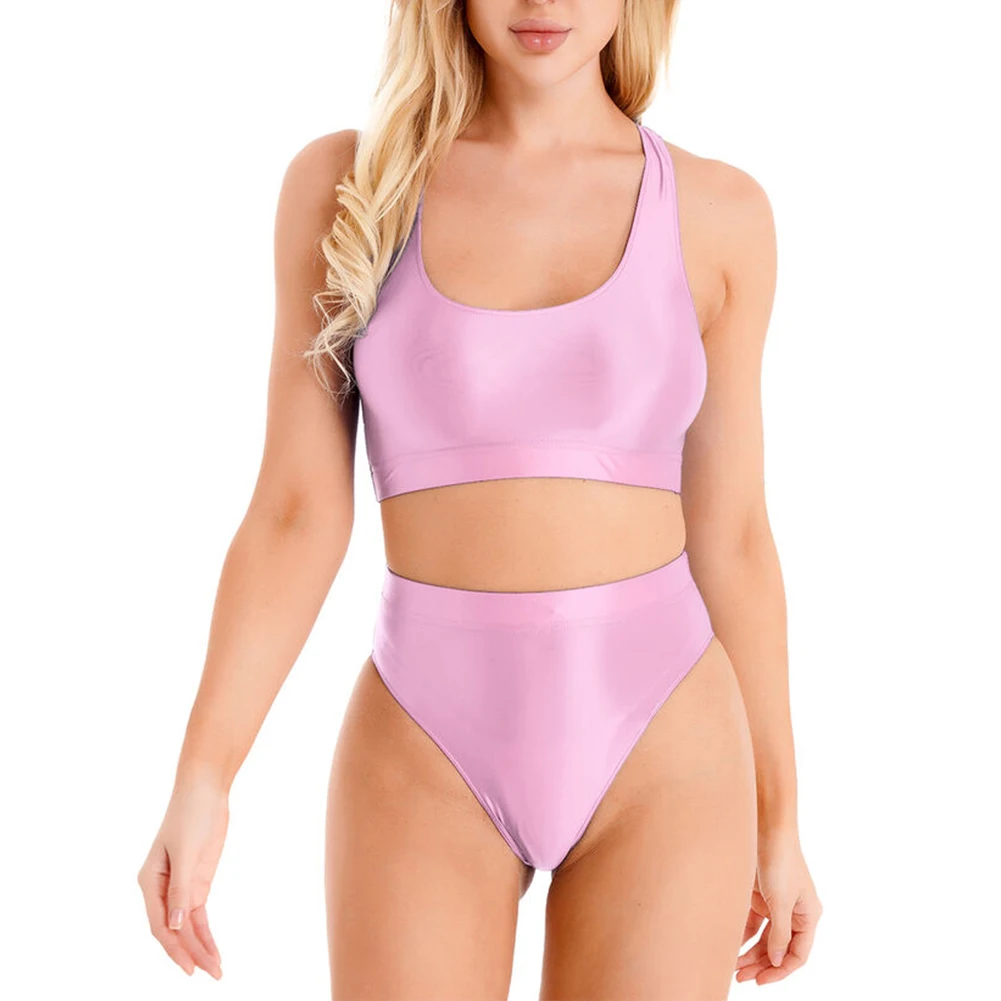 

Women Sleeveless Crop Top High Waist Briefs Set Glossy Smooth Short T-Shirt 2Pcs Bralette Female Lingerie Tank Gym Sport Bra Set
