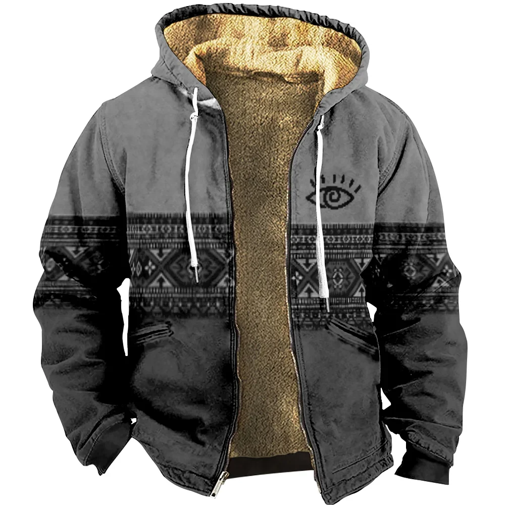 

Men's Zipper Hoodies Winter Fleece Parka Coats Ethnic Tribal Graphics Jackets Daily Sweatshirts Outerwear Hooded Zip-up Overcoat