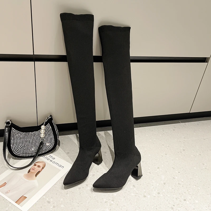 Winter New Fashion Pointed Toe Square High Heels Stretch Fabric Over The Knee Women Shoes Boots Botas Thigh High Boots