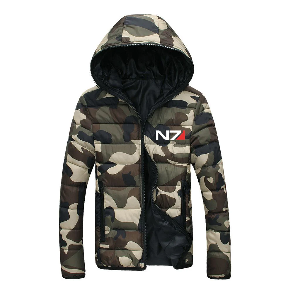 2023 Autumn Winter Fashion N7 Mass Effect Logo Print Leisure Hooded Warm Coat Men's Contrasting Color Comfortable Padded Jackets