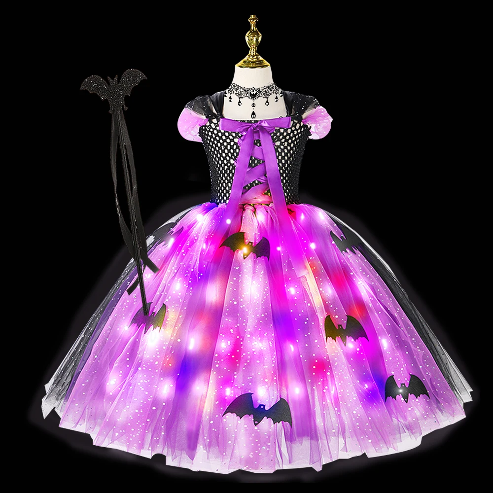 thumbnail image 1 of Disfraz de bruja con luz LED para niñas de Halloween, vestido con tutú de murciélago, disfraz de carnaval, fiesta, vestido de baile hecho a mano para niños pequeños, 1 of 5