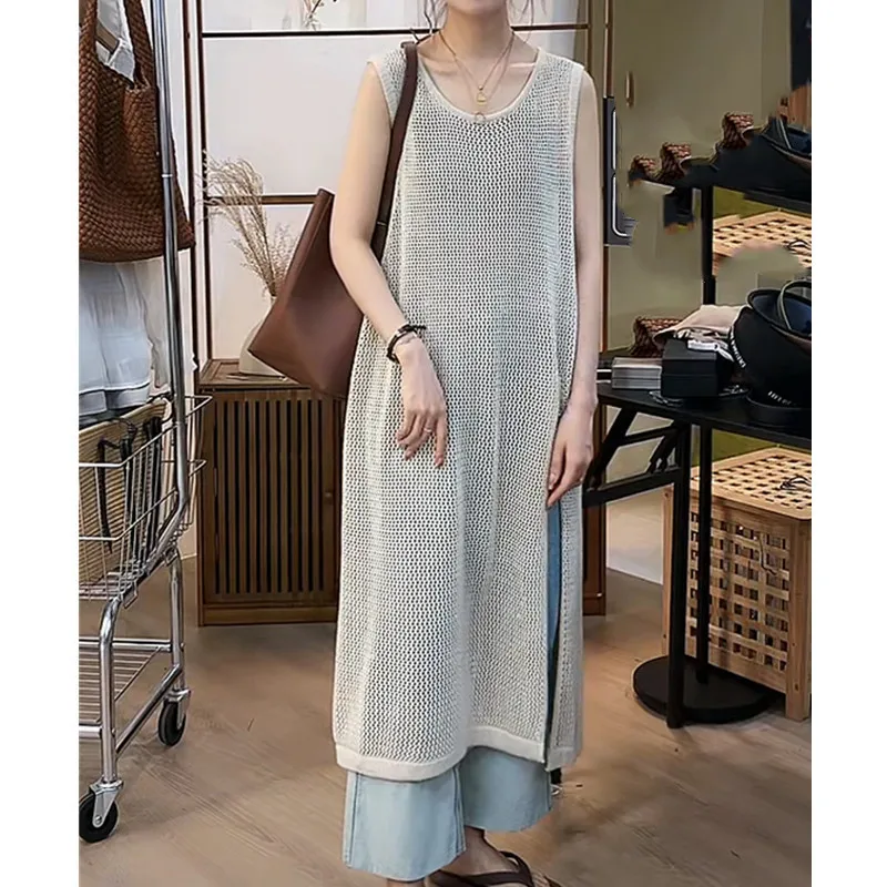 Summer Sleeveless O-neck Loose Women Blouses Fashion Solid Color Elegant Casual Knitted Tops Hollow Out Long Blouses