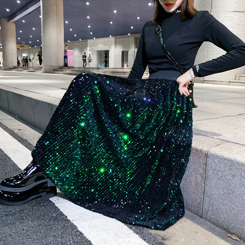 

Blingbling Sequins Skirts for Women 2022 New Autumn Winter Elastic High Waist A-line Long Skirt Silver Black Sequin Mid-length
