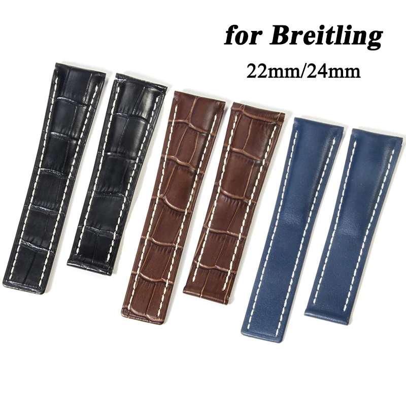 

22mm 24mm Genuine Leather Watch Strap for Breitling Cowhide Bracelet Black Blue Brown Watch Band Silver Metal Buckle Replacement