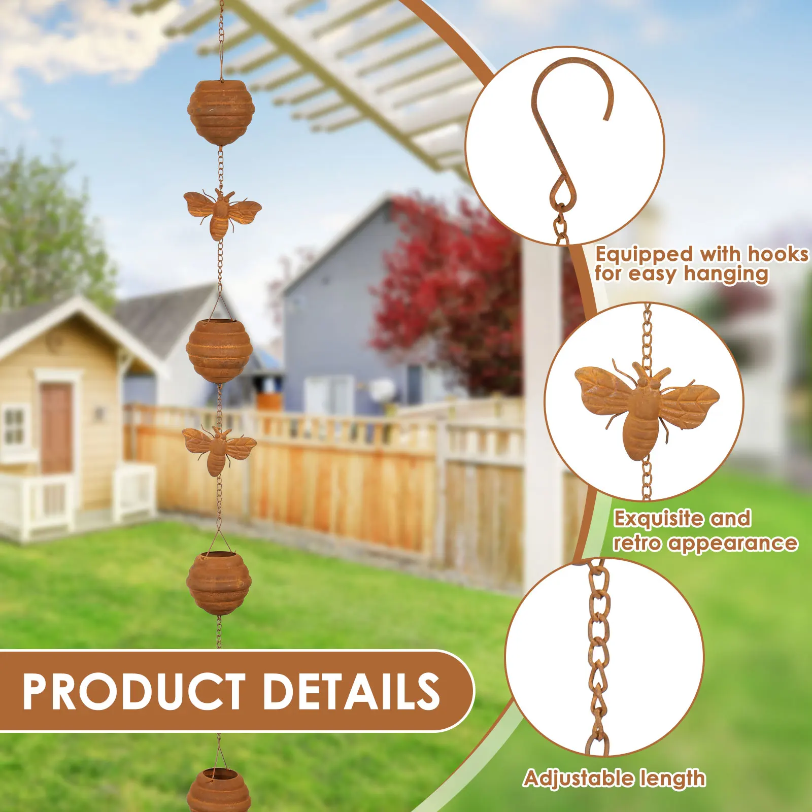 Metal Rain Chain Decorative Rainwater Diverter with Hook Exquisite & Retro Appearance Rain Cup Chime for Garden Patio Courtyard