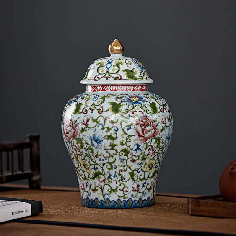 Modern Enamel Painted Flower General Jar Ceramic Sealed Tea Jar Gilded Art Decorative Crafts Storage Bottle Home Decoration tea canister