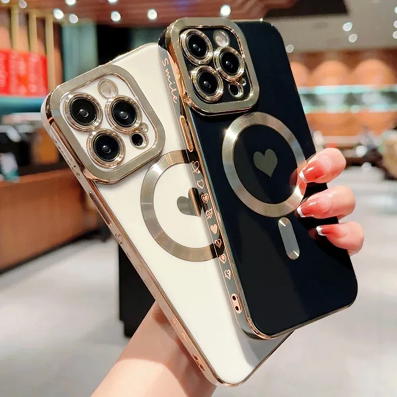 Luxury Fashion Soft Magsafe Wireless Charge Love Heart Case per iPhone 14 13 12 11 Pro Max Plus Cover in silicone magnetico_voghion.com