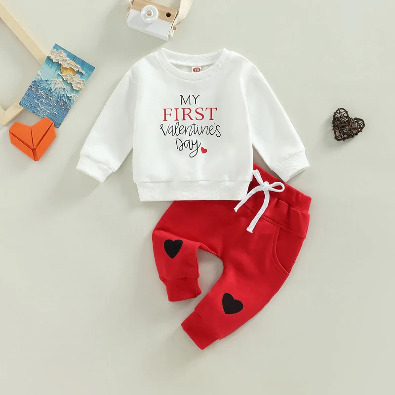 

Baby Boy Girl Valentine's Day Clothes Set Cotton Long Sleeve O-neck Letter Print Sweatshirt Heart Pattern Trousers 0-2Y