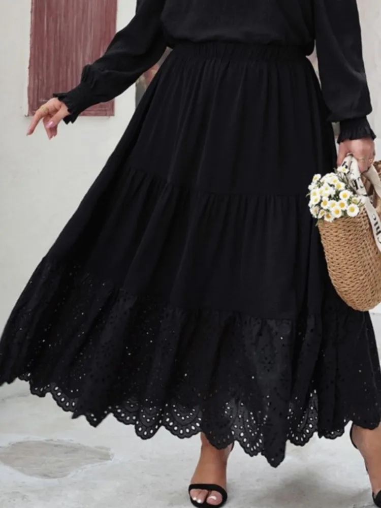 Plus Size Spring Long Skirts Women Hollow Out Loose Ruffle Pleated Ladies Skirts Elastic High Waist Fashion New Woman Skirts