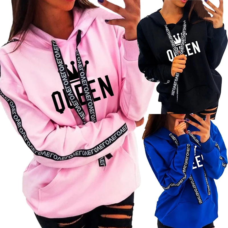New Queen Printed Letter Ribbon Hooded Sweatshirt Women's Casual Pullover Fashion Sweatshirt Sports Sweatshirt fashion women s sexy casual long sleeve hooded short sports top queen print pullover hooded sweatshirt short hoodie