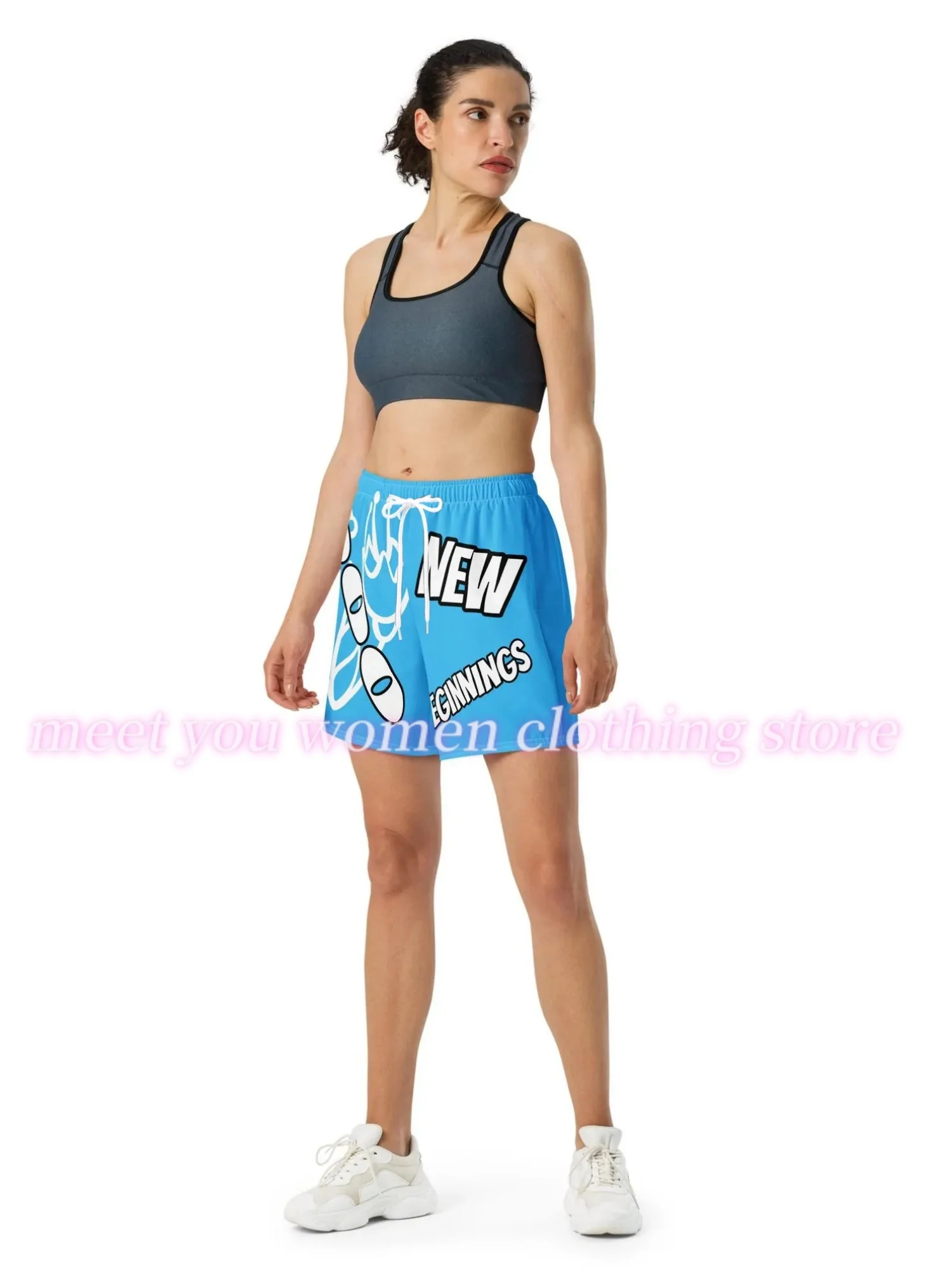 Summer Women  blue NEW BEGINNINGS Print Casual Shorts Hawaii Vacation Daily Sport Shorts Home Shorts Female Clothing