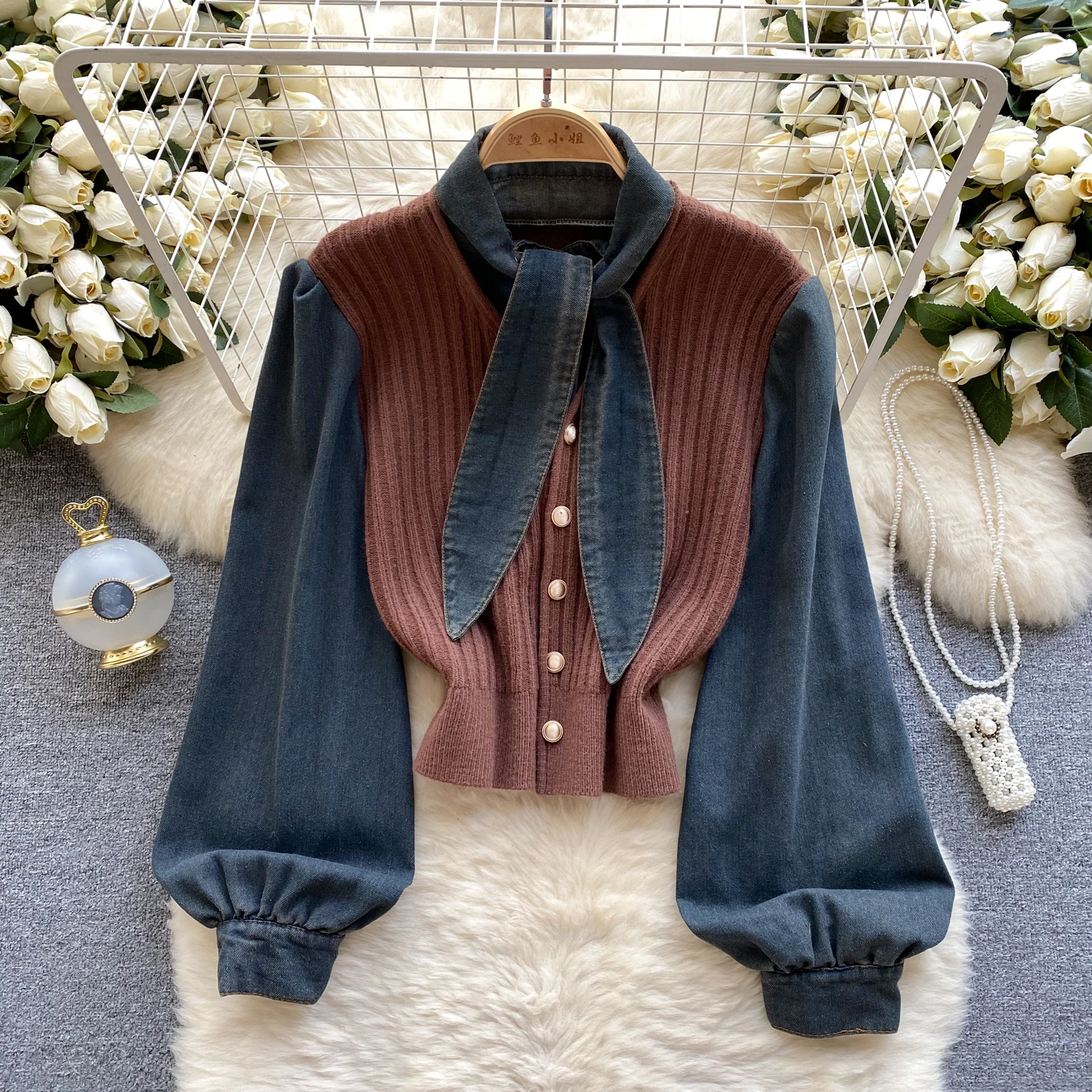 

Vintage Women Fake Two Pieces Knitshirts Chic Denim Splice Puff Long Sleeve Tops Single Breasted Cardigans Sweater Female