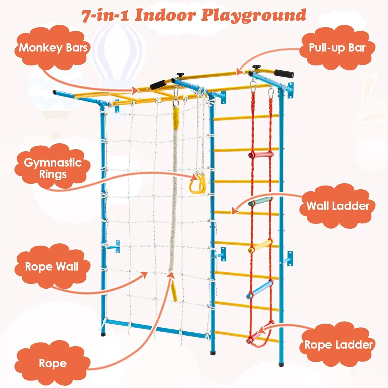 7 in 1 Climbing Toys for Toddlers, Indoor Kids Gym for Exercise, Steel Ladder Wall Set with Wall Ladder, Pull-up Bar, Rope
