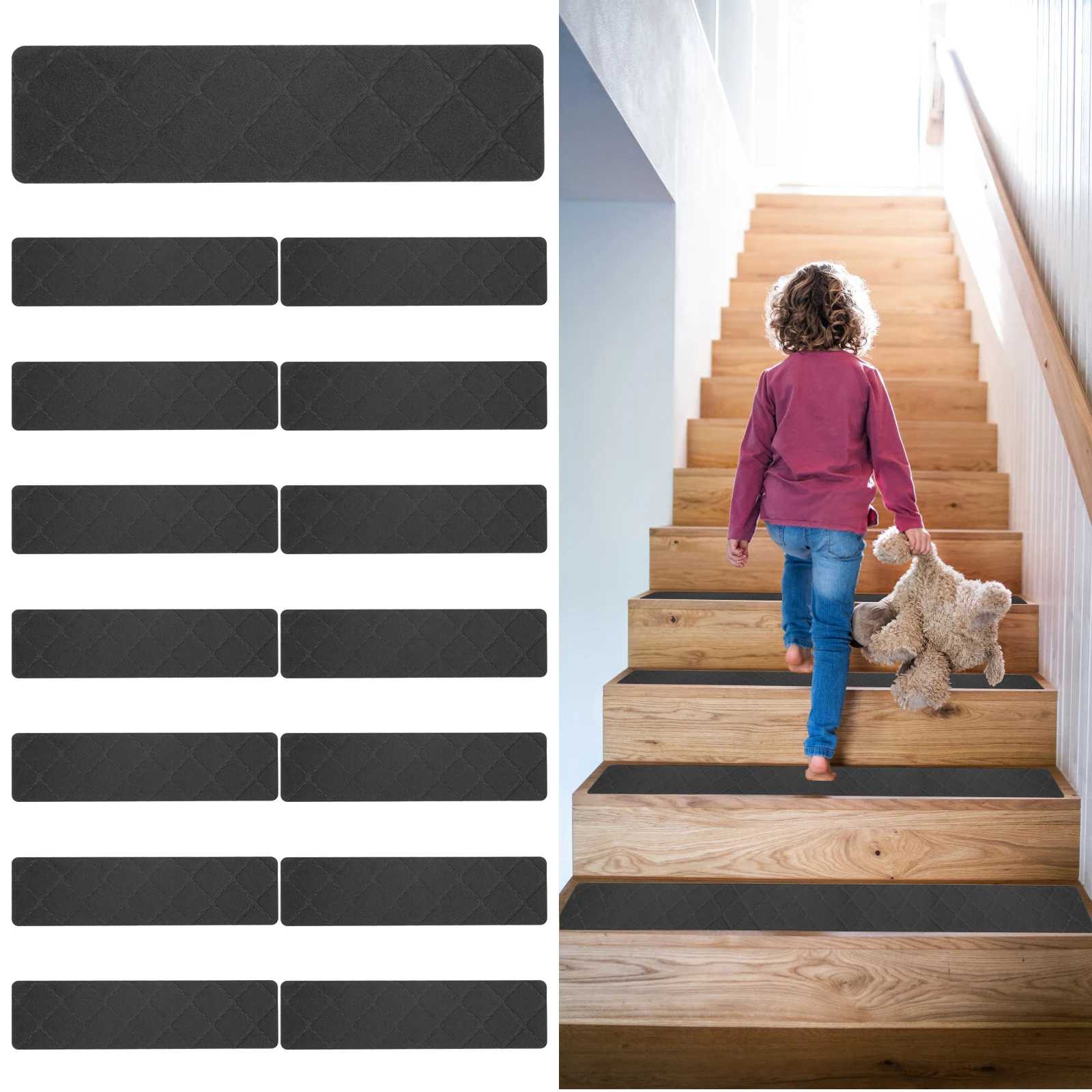 Stair Treads Carpet Fibre Based Self Sticking Anti Skid Floor Mats Pad 15Pcs