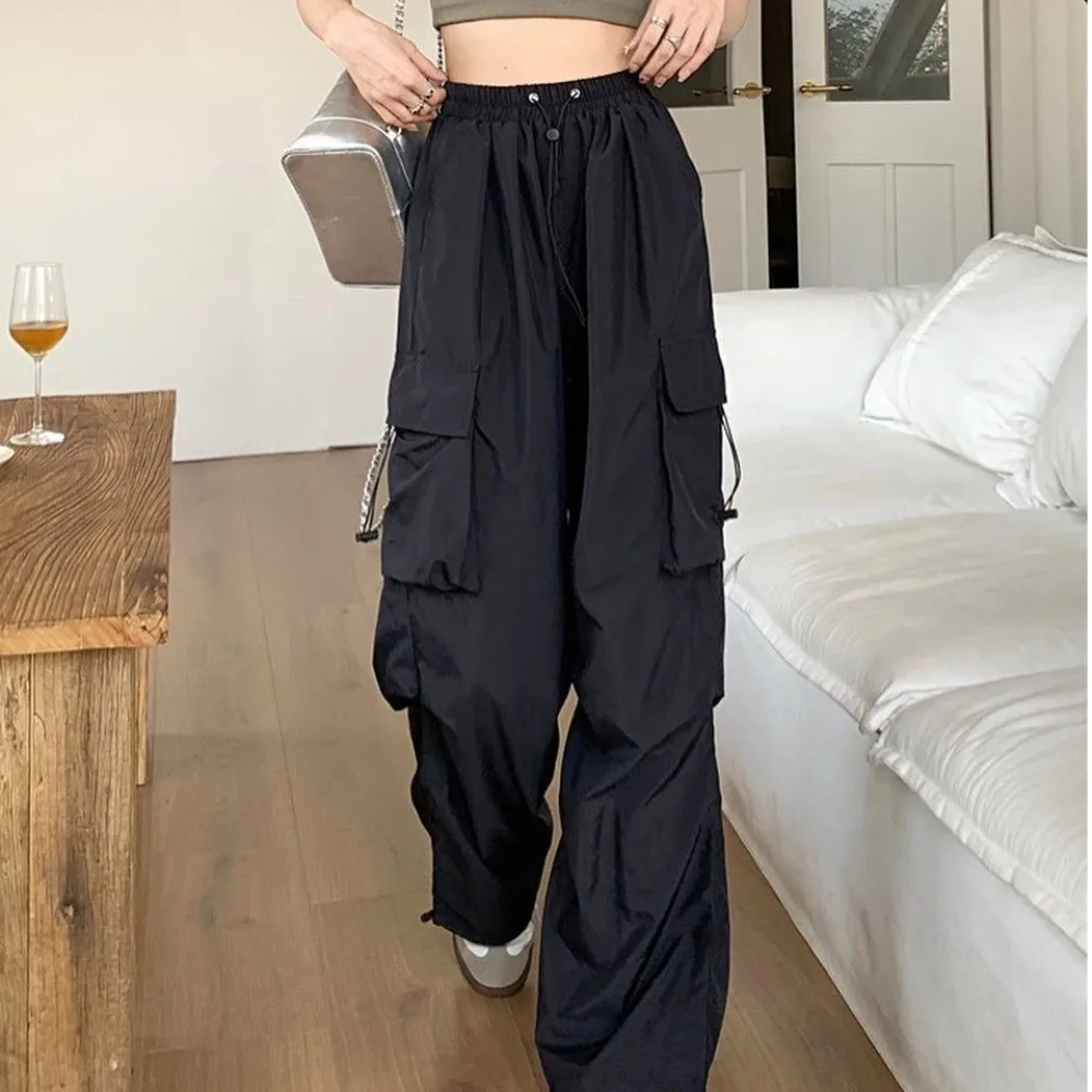 Elasticated Waist Women Drawstring Pants Multi-pockets Hip Hop Wide Leg Pants Black Red Sweatpants Baggy Cargo Pants Yoga