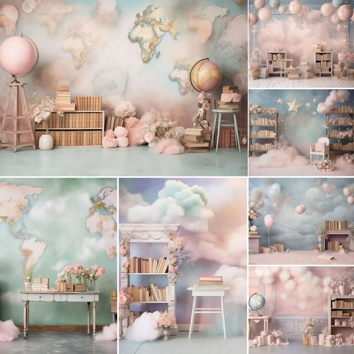 

Mehofond Baby Shower Backdrop Map Sky Clouds Hot Air Balloon Study Girl Portrait Photography Background Photo Studio Photocall