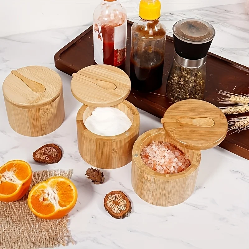 Bamboo Salt and Pepper Shaker Set with Spoon-Swivel Cap salt shaker salt pepper shakers