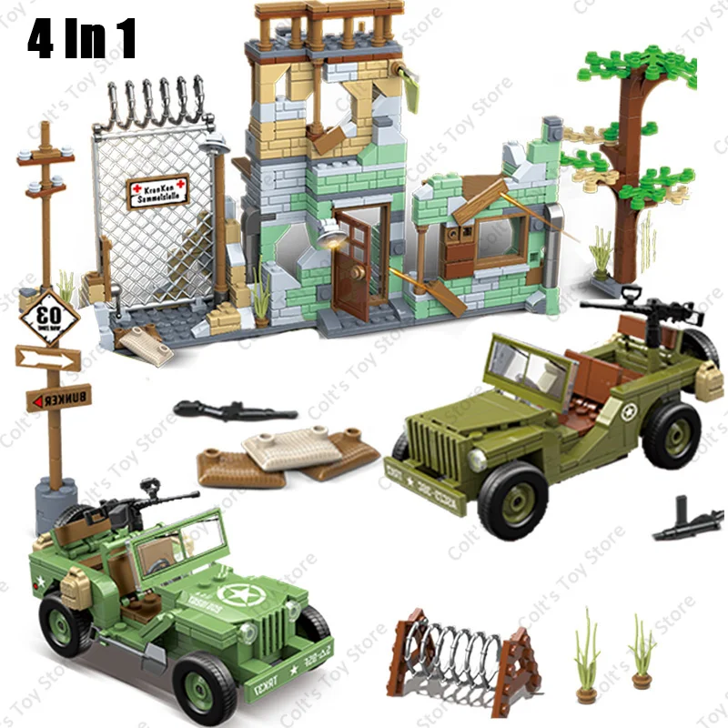 Wwii Willys Jeep Car Military War Rual Scene Veicolo Da Combattimento Soldato Building Blocks Set Orv Model Dolls Brick Toys Regalo Per Bambini