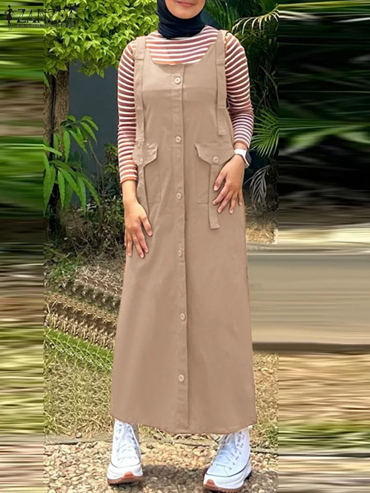 

Модный женский сарафан на бретелях-спагетти с квадратным вырезом ZANZEA, Летний комбинезон, винтажное однотонное платье Дубай, Турция, мусульманское платье, абайя