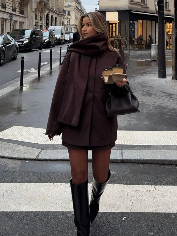 Women's Elegant Scarf Collar Jacket Fashion High Quality Autumn Winter Long Sleeve Coat 2025 New Lady Commuter Casual Outerwear