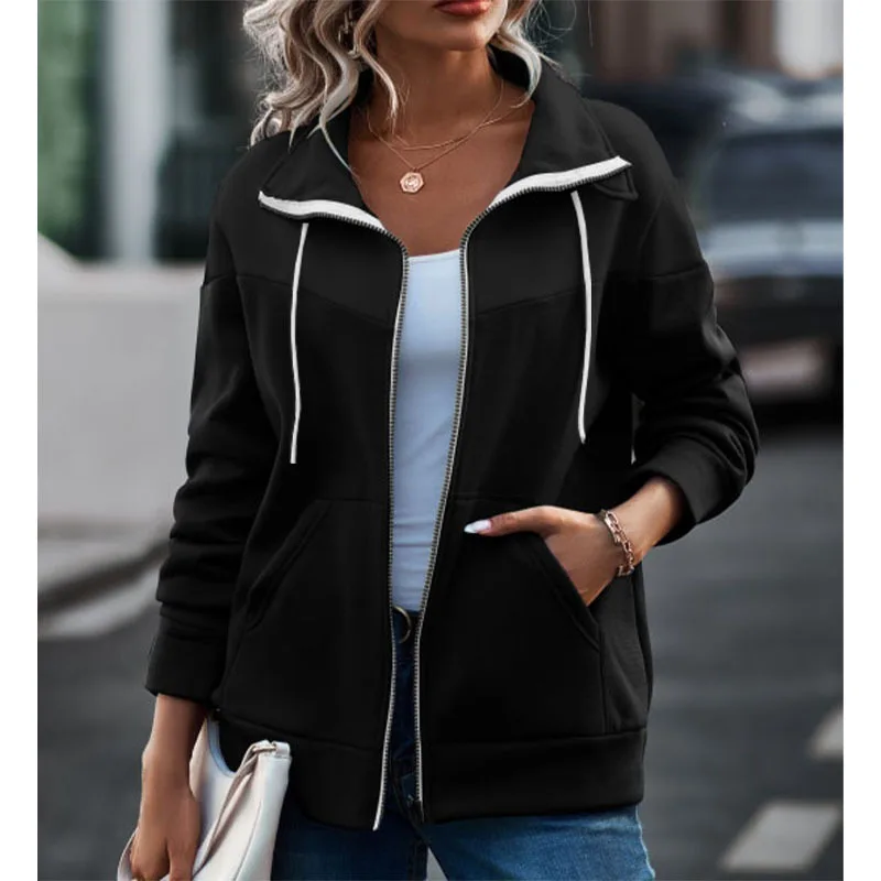 Women's Autumn Winter Polo Collar Long Sleeve Print Hoodies Patchwork Chic Sweatshirt Fashion Casual Versatile Elegant Lady Tops