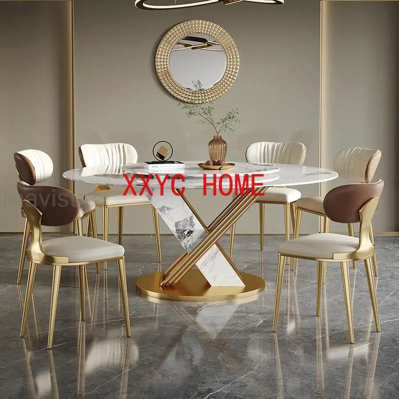 

Круглый стол с вращением на 360 °, гладкий поворотный стол, дизайнерская рама из нержавеющей стали, Обеденная Мебель, каменная плита, кухонный стол и стул