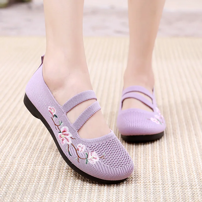 Women's National Style Floral Embroidery Ballet Flats Foldable Mesh Bohemia Walking Beach Lightweight Breathable Shoes Woman