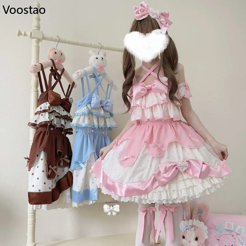 Japanese Sweet Lolita Jsk Dress Women Harajuku Kawaii Bow Ruffles Polka Dot Print Tea Party Dresses Girls Cute Slim Mini Dress