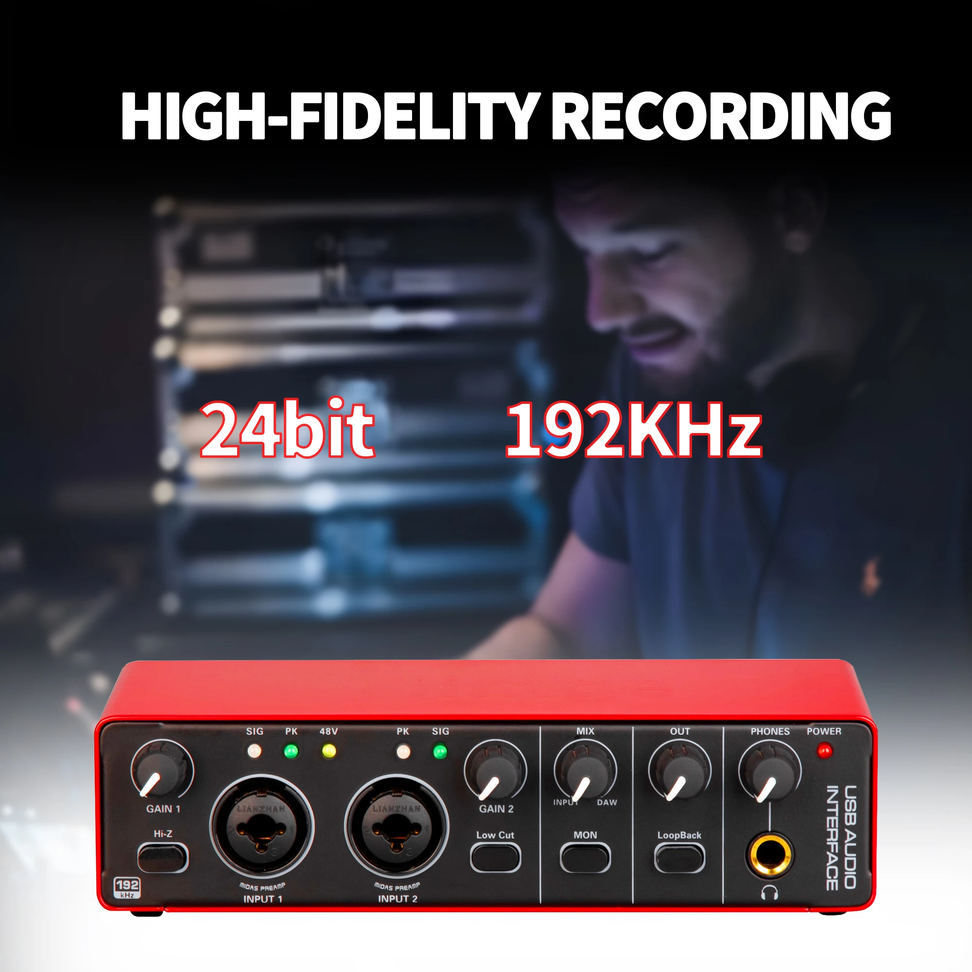 Podcasting Equipment 2x2 USB Audio Interface With 48V Phantom Power ...