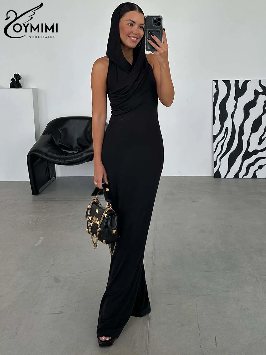 

Oymimi Elegant Black Slim Womens Dresses Casual Hooded Collar Open Back Sleeveless Dresses Fashion Straight Floor-Length Dress