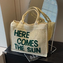 Large Capacity Straw Braid Tote Bags 2024 High Quality New Style Zipper Solid Letter Casual Shoulder Bags for Women Bolso Mujer